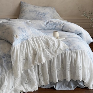 Retro Lace Ruffle Duvet Cover Set, Blue Rustic Shabby Chic Bedding Set, Soft Double-Layer Gauze Cotton 4-piece set, Bedding Aesthetics