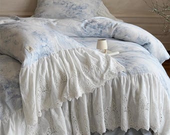 Retro Lace Ruffle Duvet Cover Set, Blue Rustic Shabby Chic Bedding Set, Soft Double-Layer Gauze Cotton 4-piece set, Bedding Aesthetics