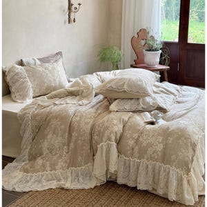 Retro Ruffle Duvet Cover Set, Rustic Shabby Chic Bedding Set, Breathable Soft Double Gauze Cotton 4-piece set, Bedding Aesthetics