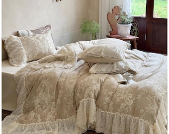 Retro Ruffle Duvet Cover Set, Rustic Shabby Chic Bedding Set, Breathable Soft Double Gauze Cotton 4-piece set, Bedding Aesthetics
