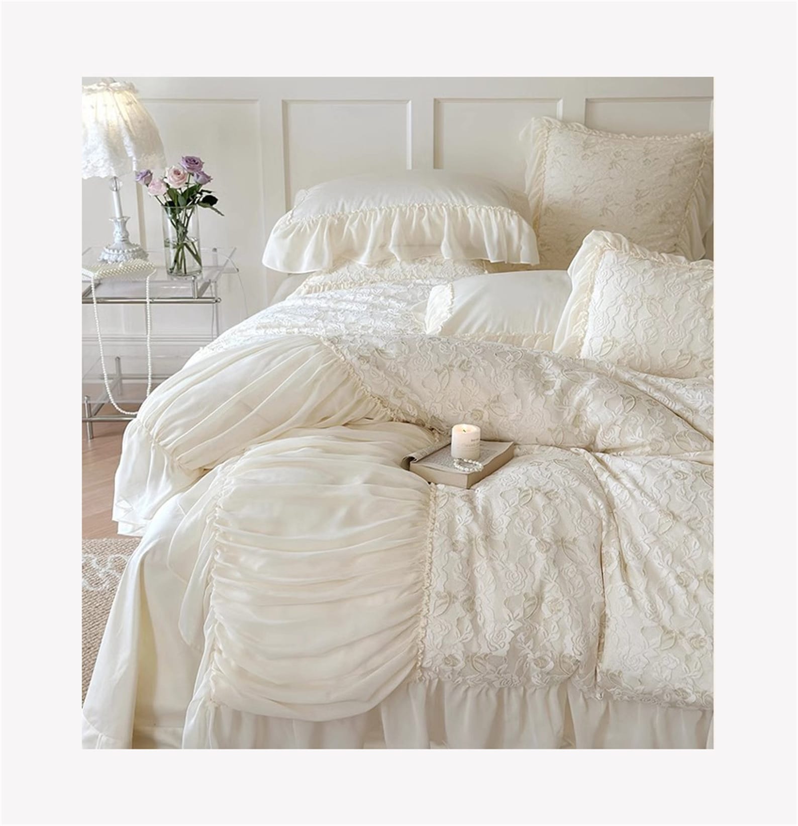 Pink/offwhite French Lace Floral Embroidery 140 Counts Cotton Bedding