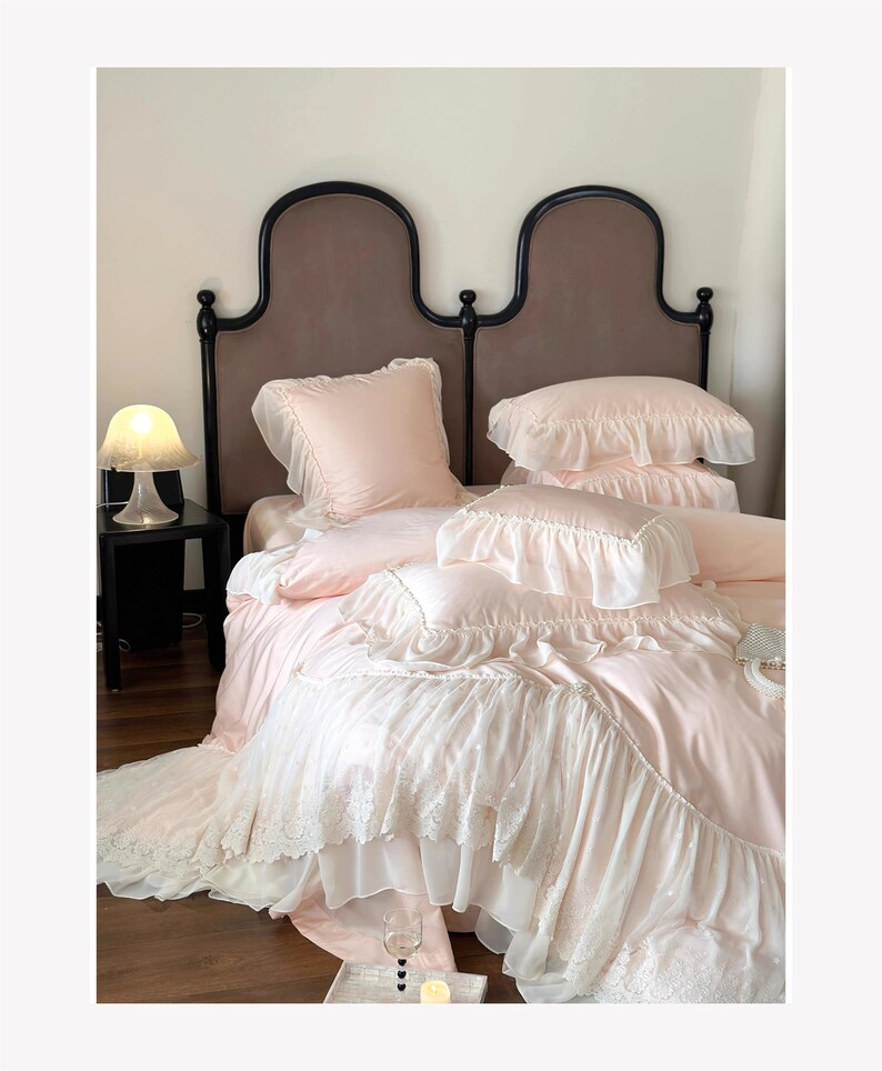 Pink/offwhite French Romantic Longstaple Cotton Bedding,ruffled