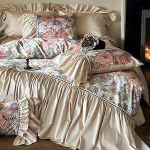 Shabby Chic Rüschen Luxus Bettwäsche Set, langstapelige Baumwolle Bettbezug Set, 4 Stück, Bettwäsche Ästhetik