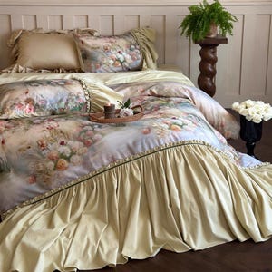 Rustic Floral Ruffle Bedding Set, Green Brushed Cotton Duvet Cover Set, Shabby Chic Duvet Cover Set 4pcs, Bedding Aesthetics