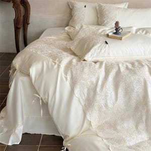 Elegant Lace Embroidery Bedding Set, Cream Beige Long Staple Cotton Duvet Cover Set 4pcs, Bedding Aesthetics