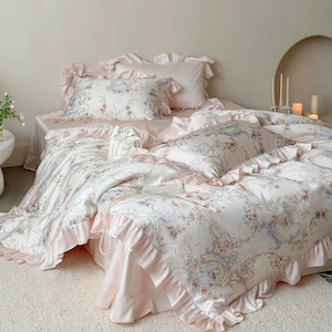 Floral Siky-Soft Bedding Set, Rustic Garden Bunny Lyocell Ruffle Duvet Cover Set, Pink White Bedding Set, 4pcs Bedding Set