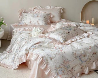 Floral Siky-Soft Bedding Set, Rustic Garden Bunny Lyocell Ruffle Duvet Cover Set, Pink White Bedding Set, 4pcs Bedding Set