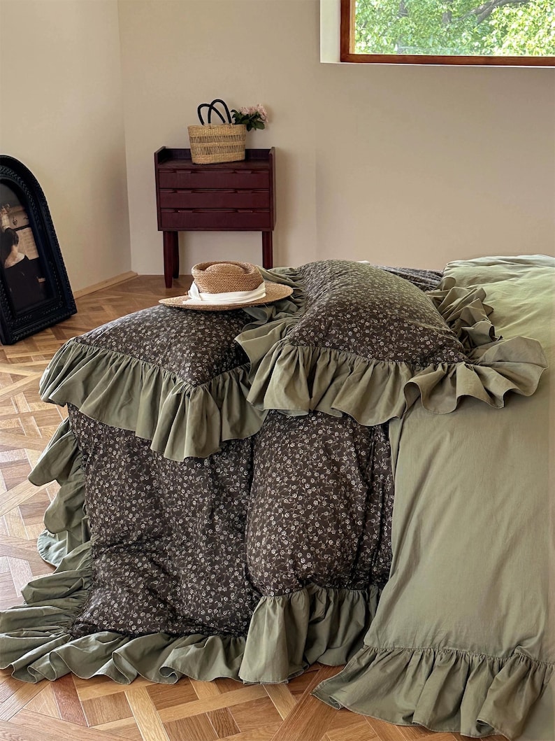Shabby Chic Ruffle Bedding Set, Rustic Cotton Duvet Cover Set 4pcs ...