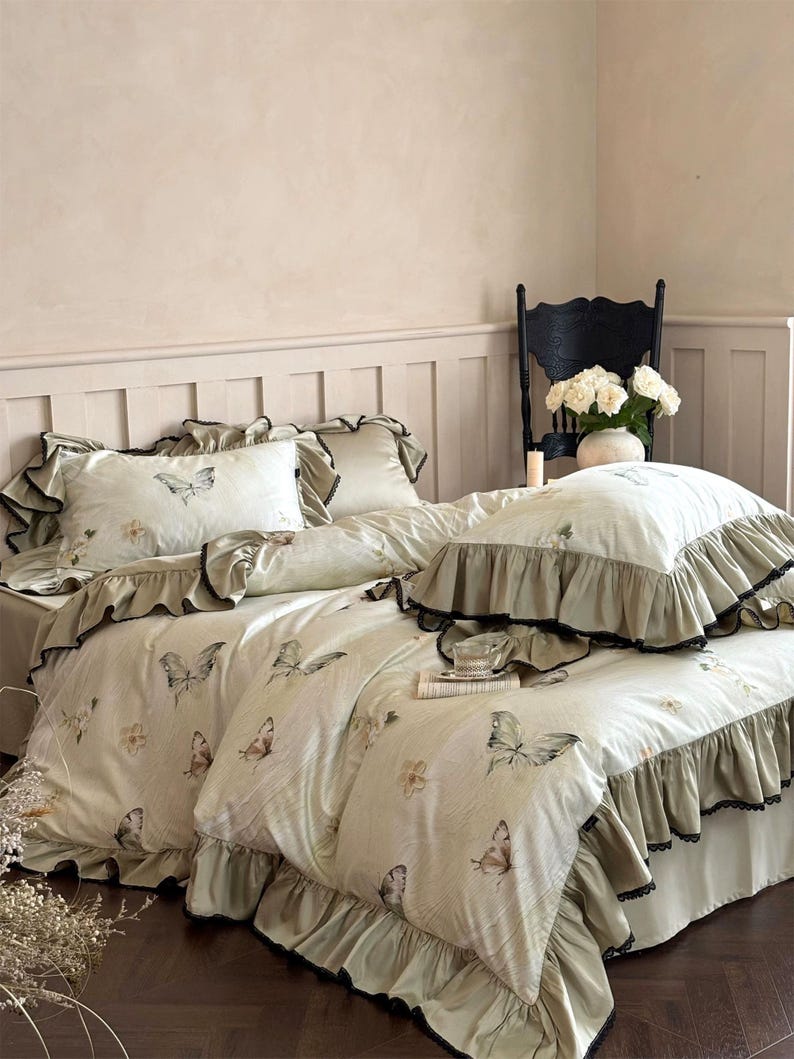 Butterfly Shabby Chic Ruffle Bedding Set, Green Cotton Sateen Duvet ...