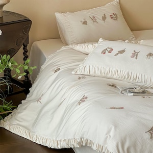 Shabby Chic Ruffle Bedding Set, Cream beige Cotton Sateen Duvet Cover Set 4pcs, Bedding Aesthetics
