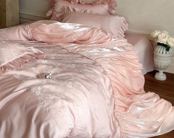Romance Jacquard Bedding Set, 100-counts Cotton Pink Duvet Cover Set with Glazed Veil Ruffles, 4pcs Bedding Set, Bedding Aesthetics