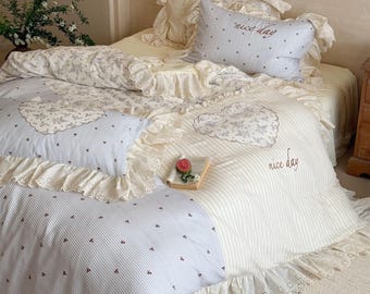 Dekbedovertrekset met ruches voor meisjes, rustiek polkahart beddengoedset ademend zacht crèmeblauw dubbel gaas katoen 4-delig, beddengoed esthetiek