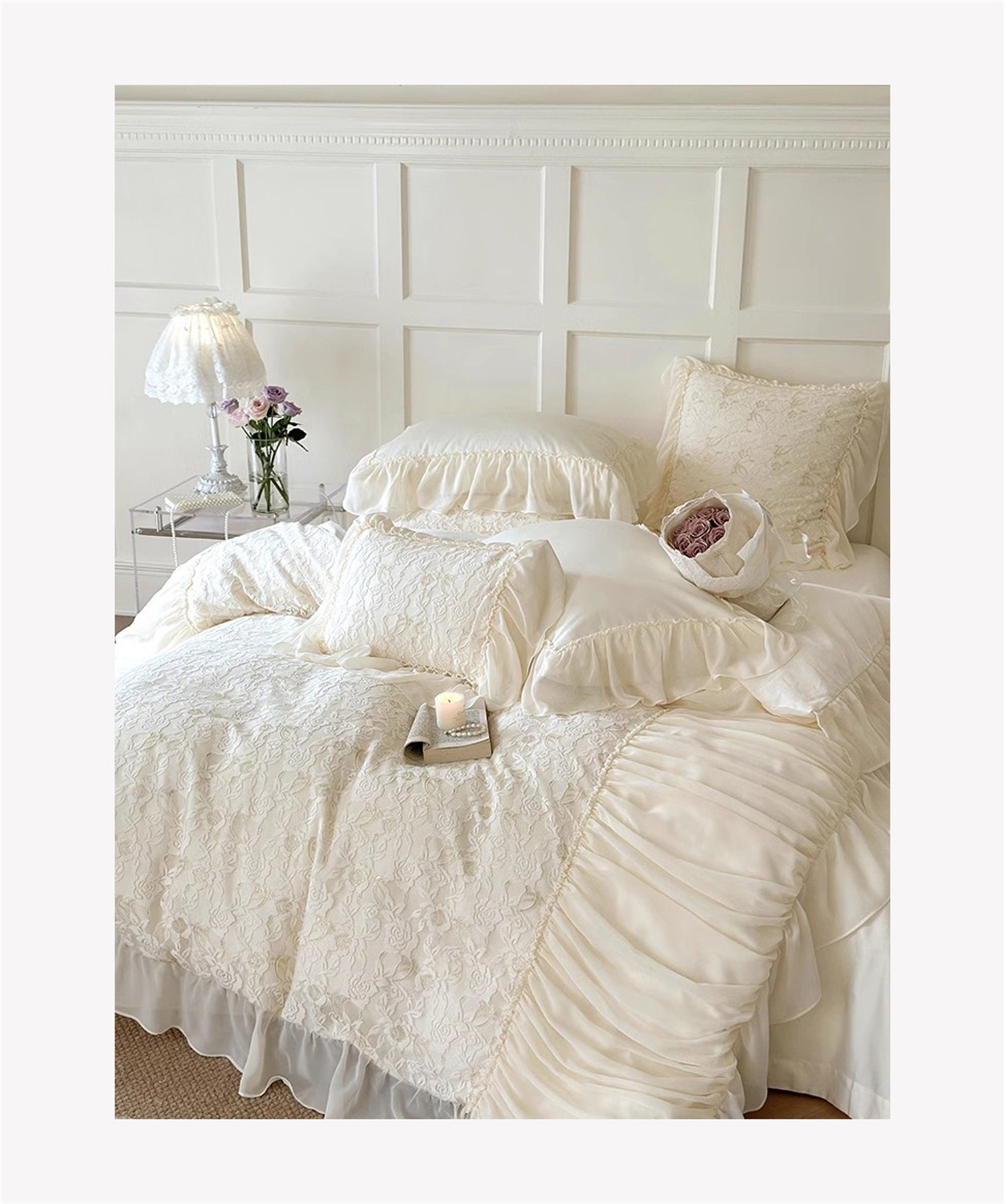 Pink/offwhite French Lace Floral Embroidery 140 Counts Cotton Bedding