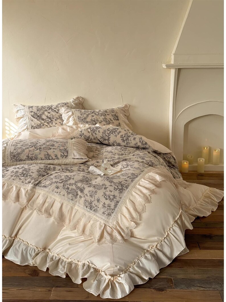 Rustic Ruffle Duvet Cover Set, Embroidered Floral Lace Shabby Chic ...