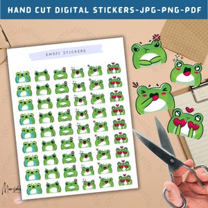 Puede incluir: Una hoja de pegatinas digitales imprimibles con varios emojis de rana con diferentes expresiones, incluyendo corazones, estrellas y lágrimas. La hoja está etiquetada como "Emoji Stickers".