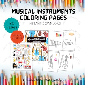 Music Instrument Coloring Pages for Kids: Sticker Sheet (Digital Download)