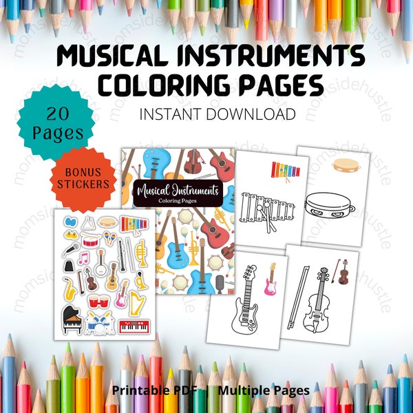 Music Instrument Colouring Pages for Kids, Big Interior Coloring pages, Music Instrument Sticker Page, Digital Download