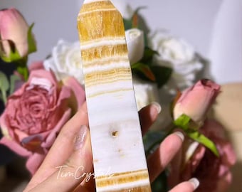 Obelisco de calcita amarela natural, torre com ponta de calcita, decoração para casa, cristal de cura.