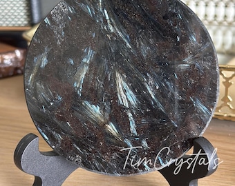 Placa de Arfvedsonita Azul Natural, Disco de Arfvedsonita com Suporte, Presente de Cristal