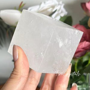 May include: A clear, cube-shaped crystal held in a hand. The crystal is translucent with visible internal patterns. The background includes white and pink flowers. The text "Tim Crystals" is visible in the bottom right corner.