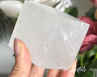 Cubo de quartzo transparente natural, cubo de cristal de quartzo transparente polido feito à mão para decoração de casa (1 unidade).