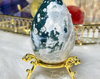 Natural Green Moss Agate Eggs with Stand