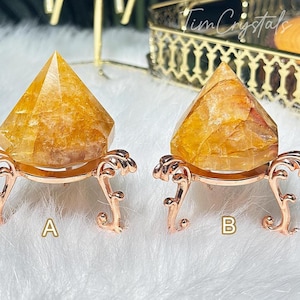 Natural Yellow Hematoid Quartz Diamonds with Stand, Golden Healer Diamonds Shape Display Crystal Gifts Home Decor