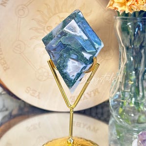 Green Moss Agate Double Diamond Shape with Stand