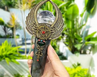Handmade Crystal Wand with Labradorite, Clear Quartz Rose Quartz Power Magic Sceptre, Witch Wand, Mystical Witch Wand, Altar Tool