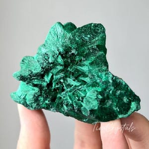 Peut inclure: Un amas de cristaux de malachite vert vif avec une surface rugueuse et texturée. Le cristal a une formation en couches unique avec une couleur vert foncé.