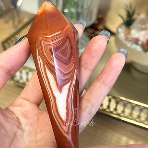 May include: A polished, faceted carnelian crystal tower featuring prominent concentric banding in shades of deep orange, rust red, and creamy white. The stone has a smooth, glossy finish and displays the white cursive text Tim Crystals near the base.