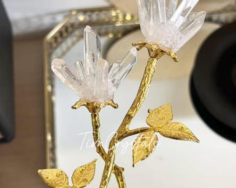 Flor de quartzo transparente natural feita à mão, conjunto de rosas de cristal para decoração de casa (1 peça).