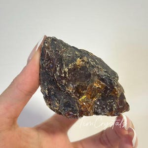 May include: A raw amber gemstone with a rough, textured surface. The amber displays a mix of dark brown and golden hues, with areas of translucence. The stone is held in a hand, showcasing its natural form and colour variations. The text "Tim Crystals" is visible.