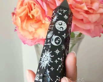Black Obsidian Tower Engraved Obsidian Towers Crystal Healing Wand, Energy Meditation