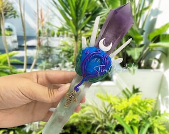 Handmade Crystal Wand with Amethyst, Green Fluorite Power Magic Sceptre, Witch Wand, Manifestation Tools, Mystical Witch Wand, Altar Tool