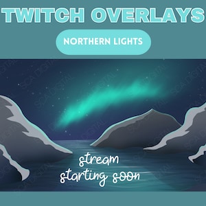 Puede incluir: Una superposición de Twitch con un cielo nocturno azul oscuro, una aurora boreal verde, dos montañas grises y una masa de agua. El texto "stream starting soon" está en blanco en la parte inferior de la imagen.