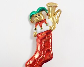 Vintage Christmas Stocking Brooch Metal Unsigned