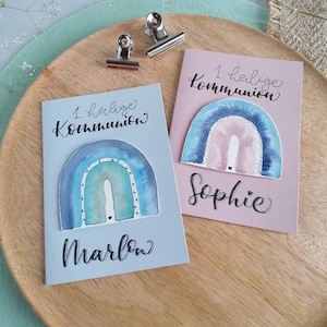 Kommunionskarte oder Konfirmationskarte für Mädchen oder Jungs / Aquarell-Regenbogen / personalisiert / handbeschrieben und handbemalt