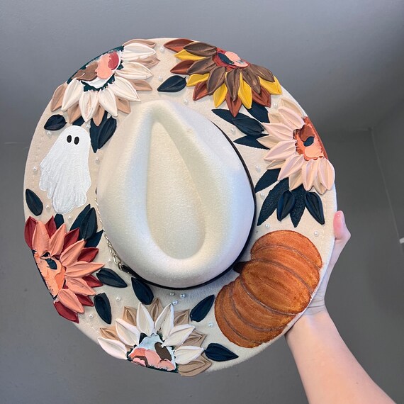 Wide Brim Fedora Fall Hat Flower Crown Hat Statement Piece Hat Ghost And Pumpkin Hat Halloween Hat Festival Hat Concert Hat Hand Made Hat