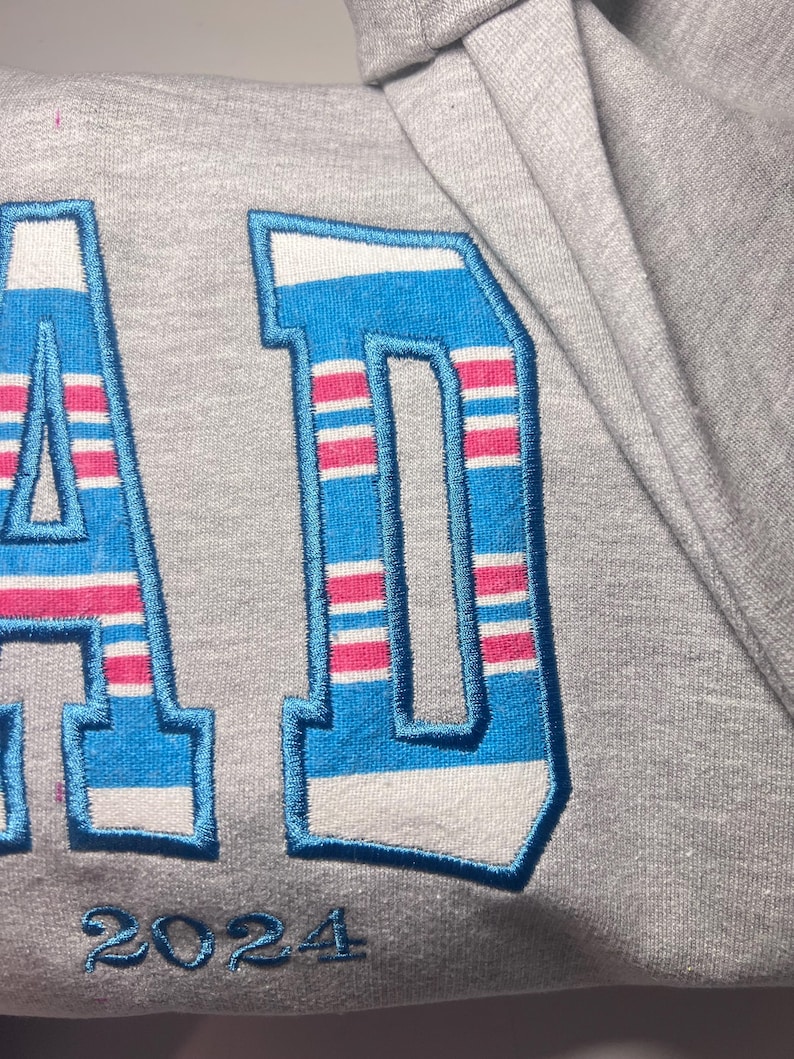 以下が含まれることがあります： グレーのトレーナーに、青と白のストライプの「D」の文字と、2024年の刺繍が施されています。