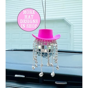 Pink Cowgirl CowBoy Hat Car Charm Rear View Mirror Hanging Disco Ball Bling  Keyc