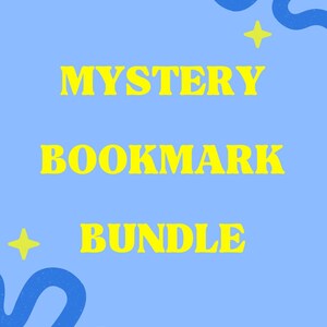 May include: A light blue rectangular graphic featuring the yellow text MYSTERY BOOKMARK BUNDLE centered in the middle. The design includes two dark blue wavy lines in the corners and two small yellow four-pointed stars as decorative accents.