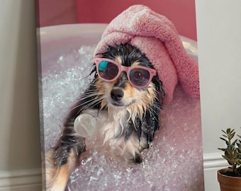 Personalized Dog Portrait in Bubble Bath from Photo, Funny Pet Sunglasses Spa Wall Art, Custom Canvas Poster Gift