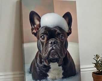 Custom Dog Portrait in Bubble Bath from Photo, Funny Pet Foam Hat Bathroom Art, Personalized Canvas Poster Gift