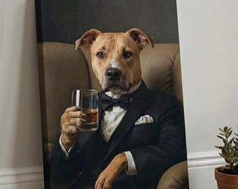 Custom Gentleman Dog Portrait from Photo, Pet in Tuxedo Wall Art, Funny Dog Cat Canvas Poster