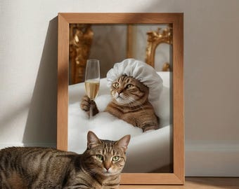 Lustiges Haustierportrait | Hund oder Katze im Bademantel, Badezimmer Wandkunst