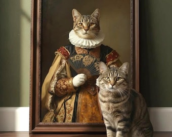 Custom Renaissance Cat Portrait, Royal Pet Oil Painting