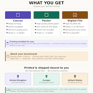 Puede incluir: Un gr&aacute;fico informativo titulado WHAT YOU GET, que describe tres formatos de producto: lienzo, p&oacute;ster y archivo digital. Detalla los servicios de impresi&oacute;n y env&iacute;o, incluyendo instalaciones de producci&oacute;n locales en el Reino Unido, Europa y los Estados Unidos.