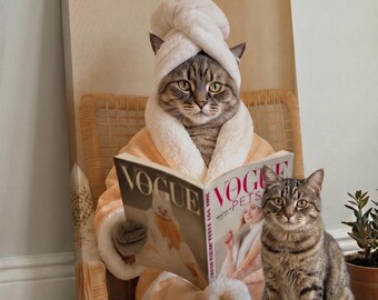 Custom Vogue Cat Portrait, Personalized Spa Cat Canvas Print, Funny Fashion Pet Gift, Cat Mom Gift, Luxury Pet Wall Art