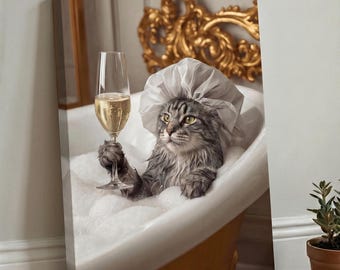 Personalized Pet Portrait in Bubble Bath from Photo, Funny Dog Cat with Champagne Luxury Art, Canvas Poster Gift
